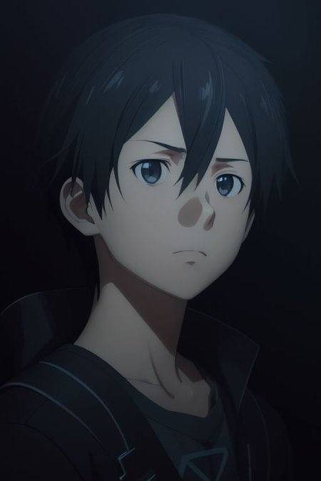 high resolution, solo, best quality, 1Boy, Kazuto Kirigaya, portraits, Black Hair, Black Eyes, cool, Mysterious black background, Movie lighting, a sense of atmosphere, OverallDetail