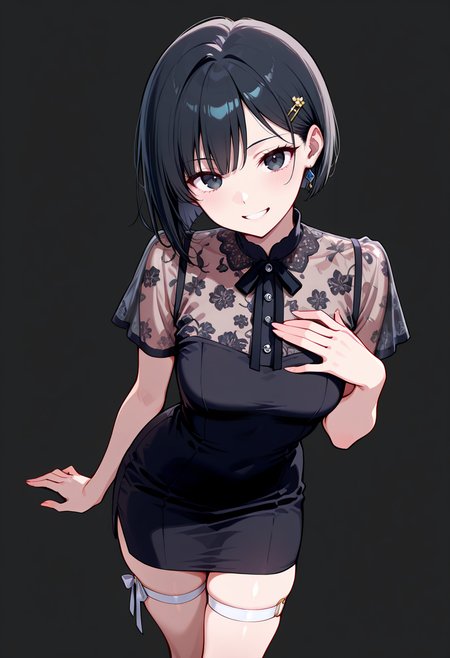 masterpiece, best quality, amazing quality, simple background,((outlined outlined vector graphics)),  simple background,  black background,
 ,  looking at viewer ,cowboy shot, from above ,  looking at viewer 
1girl, 20yo, black hair, black eyes, short bob hair, hair pin,mdeium  breast, slender,(white thigh strap:1.1) , cute face, smile , grin ,
pure-kyaba-dress, short sleeve dress ,black  dress, see-through sleeves, see-through dress <lora:pure-kyaba-dress-il-01:1.0>