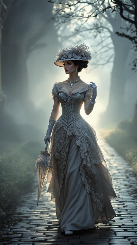 an ultra-detailed, photorealistic 8K photograph of a classical Victorian lady walking along a misty manor walkway at dawn. She wears an ornate Victorian gown with a tight corseted bodice and intricate lace embroidery, along with a vintage hat trimmed with ribbons and feathers. In one gloved hand she carries a lace parasol resting on her shoulder, while pearl earrings and a jeweled brooch add a touch of elegance. The cool early morning light diffuses through the fog, creating a soft glow around her silhouette and gentle shadows along the cobblestones. Every detail is sharp and lifelike  from the textured silk of her dress to the swirling mist  producing a whimsical yet realistic scene that feels like a moment frozen in time. <lora:aidmaFLuxPro1.1_v0.3:0.85> aidmafluxpro1.1