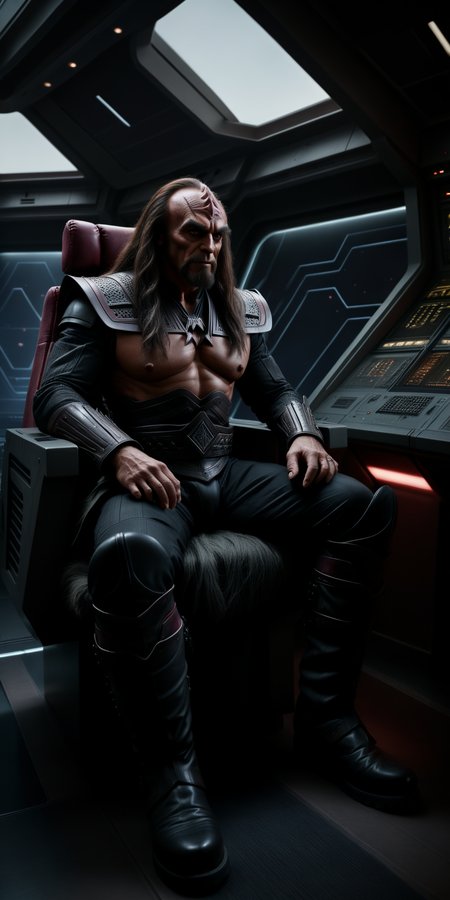 (masterpiece:1.5), realistic, (full body shot:1.2), cinematic, photograph, Klingon, sitting in a chair at a control panel on the bridge, (black combat boots:1.5), (cinematic lighting:1.3), (sharpen light:1.2), (intricate shadows:1.3), cinematic shot, high resolution, cinematic lighting, reflections, HDR, 8K resolution, <lora:Star Trek TNG SDXL v1:0.75> <lora:Perfect Hands v2:0.7>  <lora:2BoutOvalSDXL2:1>