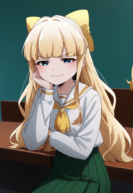 safe_pos, safe_pos, score_9, score_8_up, score_7_up, score_6_up, source_anime, petite, slender, tenkawa, blonde_hair, long_hair, blue_eyes, yellow_bow, long_sleeves,  white_shirt, yellow_neckerchief, green_skirt, pleated_skirt, black_socks, kneehigh_socks, sitting on table, smug, :3, feet, from bellow