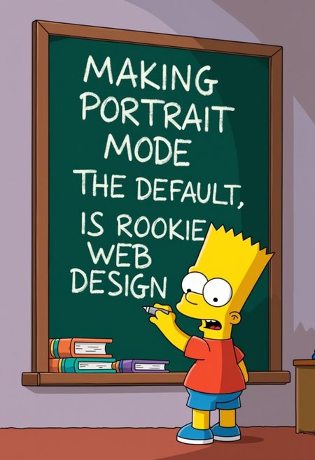 Bart Simpson writing "MAKING PORTRAIT MODE THE DEFAULT, IS ROOKIE WEB DESIGN" on a chalkboard