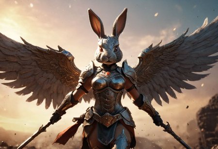 Bunny warrior, dynamic pose, wings outstretched, jeweled egg staff raised, battlefield background, swirling dust, dramatic sunrise, epic composition, highly detailed armor, gritty textures, cinematic lighting, fantasy, strong female hero