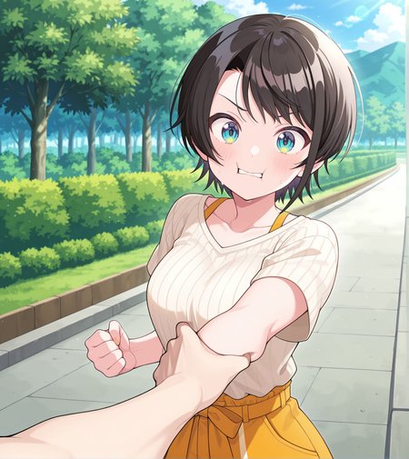 <lora:add-detail-xl:0.5>,,masterpiece,best quality,anime coloring,anime screenshot,
<lora:Cheek_Grabbing_Material:0.6>Cheek_Grabbing_Material, 
breasts,1girl,looking at viewer,Grabbing arm,
punching,caught mid-punch,
outdoors, 
oozora subaru, hololive, official art, 
20YO, milf,