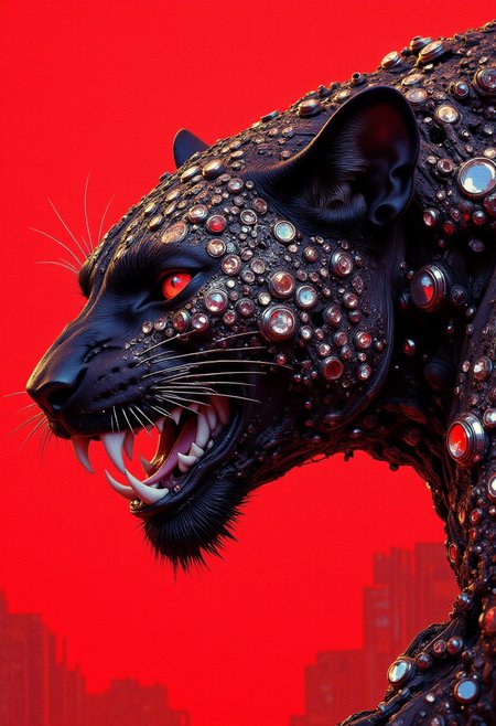 A highly stylized, digitally drawn hyper-realistic side profile of a black panther, its mouth open in an angry snarl, revealing sharp teeth and elongated fangs. The panther's sleek black skin has a chrome tint, giving it a reflective, almost futuristic sheen. Intricate rhinestone diamond stimulant ornaments are placed across its head, face, and body, sparkling and catching the light as it shifts, creating an ethereal, captivating effect. Its intense red glowing eyes pierce through the scene, radiating power and aggression. The background is a vivid, deep red, amplifying the panther's fierce presence and contrasting sharply against its dark, chrome-accented body. The panther's tense posture and taut muscles highlight its predatory nature, while the rhinestone ornaments add a layer of majestic beauty to its raw power. The reflective chrome elements on its skin enhance the dramatic intensity, while its open mouth and glaring eyes evoke an aura of imminent danger and dominance. The composition emphasizes the panther's primal energy against the striking red backdrop. (anime, cyberpunk, R3alisticF)