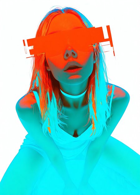realistic,  
masterpiece, best quality, amazing quality, highres, absurdres, very aesthetic, very awa,expert shading, ultra detailed, UHD, 8K,
BREAK, realism,
N3onSp3ctra,3l3ganc3, semi-realism,1girl, 
1girl, solo, poster, 
detailed face, detailed skin, 
cute, sexy,1girl, solo, lips, choker, blonde, long hair, parted lips, nose, mole, orange theme, teal theme, simple background, white background, transparent, glass, digital glitch over eyes, graphics, holographic blue graphics over eyes,, upper body, realism, high fashion, surrealism, colorful, dreamy, soft hazy lighting, cold expression, (sitting pose:1.3), reaching out,  from above, high angle, focus on full body, <lora:Elegence_Niji:0.6> <lora:ppw_v7_noobVv1.0:0.35> <lora:NeonSpectra:0.6> <lora:fashiongirl-v1-ILXL:0.2> <lora:96YOTTEA-WAI:0.25>