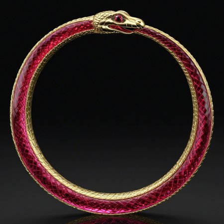 Glass Snake,Ouroboros, snake made out of glass, 8k, high resolution, fine quality, high quality, very detailed, photo realistic, snake eating its own tail, snake with its tail in its mouth, snake, solo snake, detailxl, background, snake has a ruby as an eye.