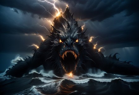 professional, 4k photo, Sharp focus, high detail, gargantuan sea monster, dark theme, silhouette, monster in distance, emerging from ocean, murky water, black scales, menacing, dramatic, greg rutkowski, expressionism, impressionism, volumetric lighting style, god rays, monster attack, eldritch horror, reaching upward, tall waves, lightning, thunderstorm, lightning strikes, wooden ship in foreground, monster in background,
dramatic angle, cinematic lighting, 
easynegative, extremely detailed, dark, chiaroscuro,