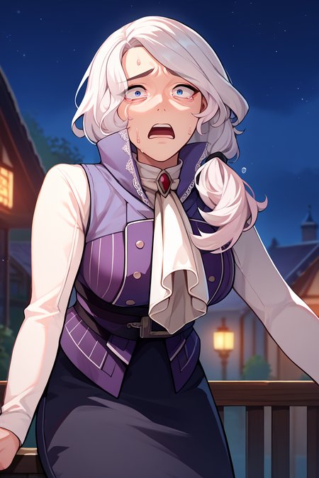 score_9, score_8_up, score_7_up, score_6_up, source_anime, 1girl, solo,  <lora:willowschnee-pdxl-nvwls-v1-000008:1> rbWillow, white hair, hair over shoulder, high collar, purple vest, white shirt, ascot, long sleeves, black skirt, black pantyhose, large breasts, looking at you, mature female, scared, night sky, night, open mouth, sweat