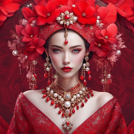 <lora:woman in red>,hn,1girl,solo,red theme,jewelry,looking at viewer,gem,upper body,hair ornament,makeup,flower,earrings,red lips,lips,closed mouth,grey eyes,realistic,pearl \(gemstone\),