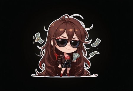 1girl,long hair,brown hair,very long hair,red tips,red streaks,holding money,moneygrabber,sunglasses,chibi,smu,solo,white outline,black background,leather jacket,throwing money,rich,s detailed,masterpiece, best quality, very aesthetic, absurdres,cashmoney,falling money,brat, smuggy,messy hair,tall,usnr,smug smile