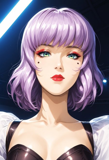 1girl, (stage lighting light:1.0), (light from rear:1.0), (neon glow:1.0), (cinestyle:1.0), close-up, (amused:1.01), (faux hawk hair style:1.05), (medium hair length:1.05), (disheveled:1.0), (anime makeup:1.05), (black make-up color:1.05), (eyeshadow make-up:1.05), (eyeliner make-up:1.05), (mascara make-up:1.05), (lipstick make-up:1.05), (lip gloss make-up:1.05), (natural skin:0.2), (detailed skin:0.3), (skin pores:0.3), (tanned skin:0.2), (eyes details:0.99), (iris details:0.98), score_9, score_8_up, score_7_up, score_6_up, score_8, detailed body, detailed face, source_anime, rating-explicit, dancing, perfect body, (