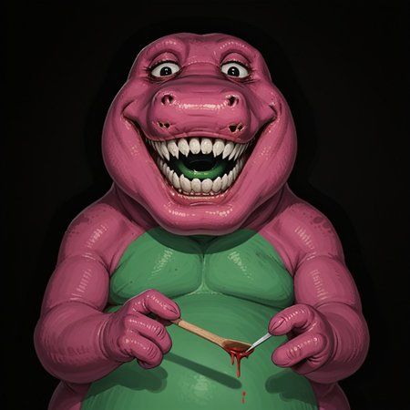 masterpiec, best quality, solo, barneydinosaur, barney, biped, dinosaur, mascot, tyrannosaurus rex, purple body, green belly, fat, chubby, white teeth, black eyes, short arms, (two fingers), (psychotic smile:1.1), (evil expression:1.1),  bulging eyes, smiling at viewer, blood on face, grin, evil smile, Sinister_Smile, shadow on the face, Macabre, Terror, Menacing_Smile, Disturbing_Expression, Grotesque_Style, Painting, Intense_Colors, Dark_Contrast
