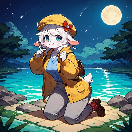score_9, score_8_up, score_7_up, goat woman, from front, smile, anthro goat, medium breasts, cabbie hat, white shirt, yellow cardigan, grey pants, plaid socks, brown shoes, kneeling, black fur, outdoors, night, moon, lake <lora:oatd_model_03:0.8>