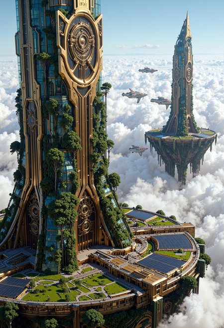 A stunning futuristic solarpunk city floating in the clouds. Glass towers with spires floating in the sky. greenhouses,rroftop gardens, solar power, Sci-fi vibes. Flying spaceships in the clouds. Futuristic. Solarpunk. Surrounded by fluffy clouds. intricate details, beautifully shot, perfect composition, high contrast, cinematic, atmospheric, moody, mythp0rt