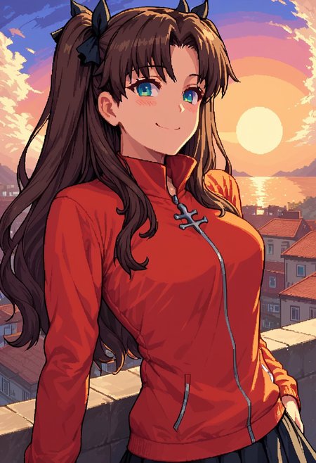 score_9, score_8_up, score_7_up, score_6_up, score_5_up, score_4_up, BREAK source_anime, 1girl, rin tohsaka, smiling, roof top, night, high rise, sun, sunset, pixel art