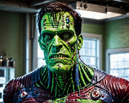 raw photo,cinematic shot,photorealistic,solo,a fleshmutant frankenstein's monster with patchwork skin,    <lora:Fleshmutant_R2-000003:1>