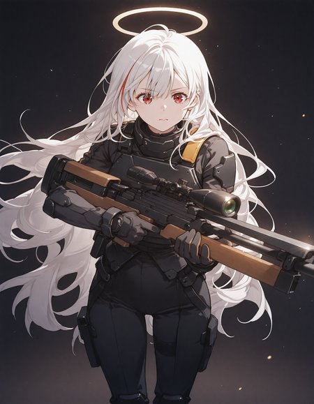 1girl, white hair, multicolored hair, very long hair, halo, black military suit, armored vest, vv4zooo, sniper rifle, silencer, hand on rifle, holding rifle, <lora:wa2000_ill_v2.2:1> dark background, front view,  angled view, <lora:Anime_style:0.7> an1m style,  a spectral figure emerges from the haze, set against a background of luminous, particles