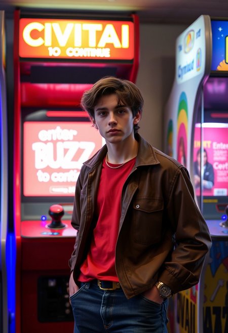 an 18 year old man in the 90s wearing 90s clothes desperate looking for money in his pockets with his pants pockets out looking straight ahead at an arcade with the name "CIVITAI" where the screen says "enter 10 BUZZ to continue "