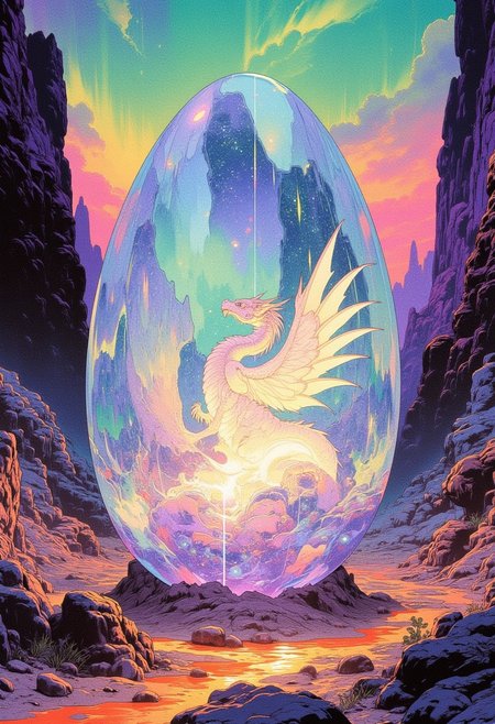 FFAIM, A fantastical and surreal scene featuring an enormous crystalline egg-like structure standing in a barren desert. Inside the translucent egg is a radiant, ethereal dragon with elongated, shimmering wings made of prismatic light, coiled gracefully within the shell. Its body glows with shifting hues of teal, violet, and gold, casting colorful refractions across the rocky landscape.
The molten core of the egg has been replaced with a swirling nebula of soft pinks, blues, and whites, creating an otherworldly glow that radiates into the environment. The barren terrain is now tinged with shades of lavender and emerald, while the surrounding cliffs glisten with bioluminescent fungi and alien plants. The sky above is a vibrant aurora of cascading colors, blending magentas, turquoise, and golds, adding to the dreamlike and otherworldly ambiance.