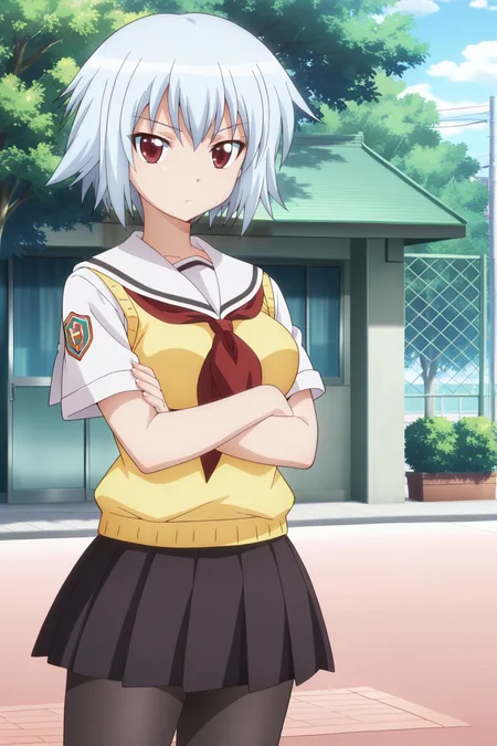 anime screenshot, ben-tou, 1girl, solo, yarizui sen, blue hair, short hair, red eyes, medium breasts, school uniform, serafuku, white shirt, short sleeves, white sailor collar, yellow sweater vest, black skirt, pleated skirt, red neckerchief, black pantyhose, looking at viewer, crossed arms, cowboy shot, outdoors, masterpiece, best quality, high quality, highres, absurdres,  <lora:yarizui_sen_ILXL:0.9>