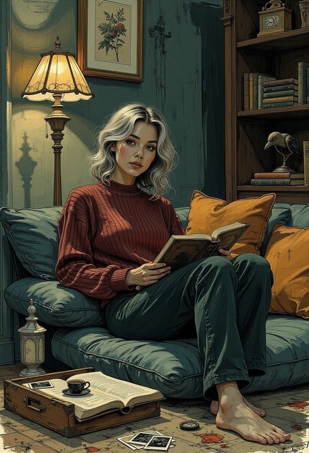 (highly detailed, colored sketch, in the style of ck-ccd, vantablack) illustration featuring young woman reclining on plush floor cushion in dimly lit, atmospheric room. Deep bronze skin, wavy shoulder-length silver hair. Wears oversized burgundy knit sweater slipping off one shoulder, fitted dark green corduroy pants with subtle stitching. Expression serene, fingers lightly grazing the edge of a worn sketchbook.  
Room filled with eclectic, moody decor. Behind her, vintage brass floor lamp with stained-glass shade casts warm glow. Velvet throw pillows in deep navy and burnt orange scattered around. To her left, open wooden crate filled with old film reels and scattered polaroids. Low coffee table nearby holds half-empty ceramic teacup, unlit candle, and antique pocket watch. Against the wall, dark bookshelf stacked with leather-bound books, small taxidermy bird perched on top. Walls deep charcoal with faint traces of hand-painted floral patterns, adding subtle texture. Soft lighting, muted earthy tones, intricate details create introspective, nostalgic ambiance.