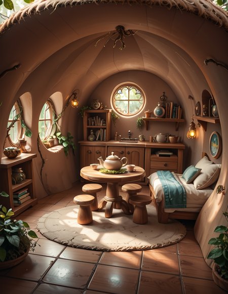 score_9, score_8_up, score_7_up,amazing quality, ultra realistic, 3D, HD, best quality, amazing quality, very aesthetic, absurdres
A highly detailed, realistic photograph of a tiny gnome house nestled at the base of an ancient oak tree, taken in soft morning light with a gentle mist hanging in the air. The house is crafted from natural materials: smooth stones form the lower walls, and curved wooden planks create a round, thatched roof with patches of moss and small wildflowers growing on top. Tiny circular windows with stained glass panels glow faintly from within, casting warm amber and green hues. A miniature wooden door with intricate carvings sits slightly ajar, surrounded by tiny lanterns that hang from delicate hooks, each softly glowing. Around the house, the forest floor is covered in dew-kissed clover, mushrooms of varying sizes and colors, and winding little cobblestone paths. In the background, tall ferns and oversized leaves tower, giving the scene an enchanted, hidden feel. Subtle rays of sunlight break through the canopy above, highlighting fine details with a dreamy, ethereal atmosphere. Hyper-realistic style, high-resolution, rich earthy tones, with an overall cozy and magical woodland vibe. No creatures or people, only nature and the charming architecture of the gnome's home.
<lora:SDXLFaeTastic2400:0.4> <lora:extremely_detailed:0.4> extremely detailed,tiny gnome h0us3 <lora:tiny_gnome_h0us3-p:1>