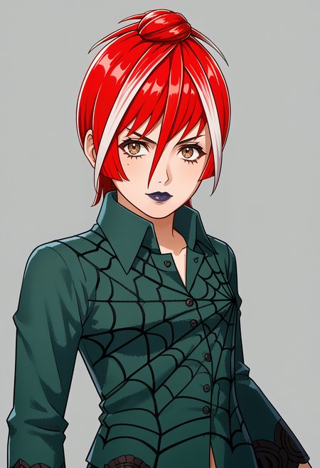 score_9, score_8_up, score_7_up, source_anime BREAK 1girl, solo,
 <lora:Ulala-pdxl_Fp:1> ulalap2, red hair, brown eyes, streaked hair, white hair, single hair bun, short hair, lipstick, collared dress, green skirt, long sleeves, spider web print
 <lora:zs_EngagePortraitsXL:1> engageportraits, portrait, white background,