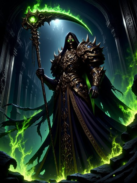 an atmospheric, highly detailed classical painting, foreboding atmosphere, dim lighting, a shadowy grand hall filled with towering, spired structures and shadowy corners, the environment feels oppressive, dimly lit, and ancient, with cracked stone walls overgrown with dark ivy pulsing with unnatural life, in the foreground, a towering skeletal knight stands menacingly, his figure cloaked in an intricately decorated ornate robe covered in occult symbols, wearing ornate steel gloves and heavy plate armor boots, spiked chains hang from his robe, his hollow eyes burning with unnatural cold green fire under a dark hood, he is wielding a masterfully crafted scythe, engulfed in eldritch green and blue flames, his robe tattered at the edges, the skeletal knightâs scythe crackles with eldritch fire, casting eerie light onto the ground below, his posture is rigid and powerful, with the flames casting shifting shadows around him, the scene evokes a sense of impending doom, low-angle, looking up, the gothic architecture looms in the background, with flickering shadows creeping along the stone walls, adding depth and tension, the primary light source comes from the green and blue flames engulfing the skeletal knightâs scythe, casting eerie, flickering light across the scene, with subtle rim lighting highlighting the contours of his figure, the color palette is dominated by deep black, gleaming silver, dark shades of grey, purple, teal, and blue, with gold accents on the skeletal knight's armor, the shadows deepen the foreboding atmosphere, intricate details, detailed background, mythp0rt, <lora:style-mythic_fantasy-flux-by_velvets:0.68> <lora:epic_gorgeous_details-balance-flux-by_flyway:0.64> <lora:scythe-flux-by_hailoknight:0.76> <lora:image_enhancer-flux-by_dever:0.68>