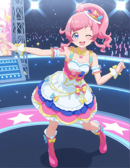1girl, kiratto pri chan, 
solo, anime coloring, desire, full body, (stage:1.3), (concert:1.3), dancing, one eye closed, idol clothes, momoyamamirai3d, 3d, pink hair, long hair, high ponytail, swept bangs, sidelocks, hairpin, blue eyes, small breasts, star \(symbol\), glowstick, blush, teeth, stage lights, idol, open mouth, breasts, dress, pink footwear, :d, sparkle, ;\), smile, looking at viewer, upper teeth only, boots,
best quality, very aesthetic, newest, masterpiece, absurdres, highres, anime screenshot, safe
 <lora:il-prichan-mirai1.0:1>