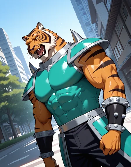 <lora:Armour_Tiger_(Astro_Fighter_Sunred)_(Illustrious)_(AD):1.15> Armour Tiger, muscular, Sunred, 
dutch angle, exterior, city park, city, trees, houses, apartments, Japanese style modern architecture, 
villain, strong, powerful, large shoulders, large biceps, thick neck, veiny muscles, cowboy shot, 
BREAKvery awe, aesthetically pleasing, masterpiece, best quality, amazing quality, very aesthetic, perfect depth of field shot, gradient style coloring, 
EZRealPONYXL, zPDXL, Smooth Quality, lazympos, IllustQualXL_Pos,
