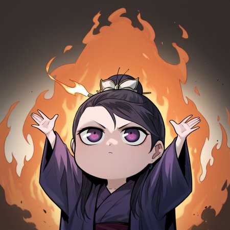 zPDXL3, score_9_up, score_8_up, score_7_up, (Anime_source), 1girl, TangSeoYeon, purple eyes, black hair, long hair, hair bun, Tang clothes, (arms up, fire, outstretched arms, upper Body, burning, chibi)