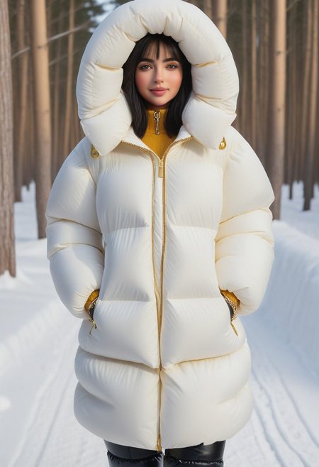 ((((puffer padded jacket)))), ((((puffer padded coat)))), ((((full body)))), ((((fur boots)))), ((((puffer pants)))), ((((puffer hood up)))), winter, snow, forest, 1girl, solo, (masterpiece), detailed face, detailed eyes, (beautiful detailed eyes:1.5), sidelighting, (super detail, hyper detail, intricate_details, detailed), (semi realistic:1.6), (Bob cut), blunt bangs,(black hair), (purple eyes, eyelashs), tanned skin, smug smile, angry face, Golden jewelery, golden rings, golden necklace, golden armlets, golden chains, padded cuffs, padded collar, Thick padded cuffs, Thick padded collar, <lora:Collar-SDXL:0.6>, <lora:Cuffs-SDXL:0.6>, <lora:Puffer_Jacket_and_Down_Jacket_-_Extra_Puffy_Jackets:0.4>, <lora:snowpants_v1:0.4>