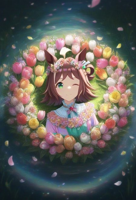 (umamusume, rhein_kraft_(umamusume), horse_ears, horse_girl, tail, 1girl, ahoge, animal_ears,)
casual, Tulip,Tulip flower, Tulip flower_field, 
head_wreath, looking_at_viewer,  solo, aesthetic, absurdres, symmetric , , g0ldsw0rthy,
(realistic, photo,  artistic, medium_hair, one_eye_closed, petals, relaxing, smile, spiralling vortex made of multicoloured tulips, lush foliage sunrise,  ripples, reflective, jaynl-tm, rainbow,green_eyes, hair_between_eyes, hair_ornament,  : 0.7)