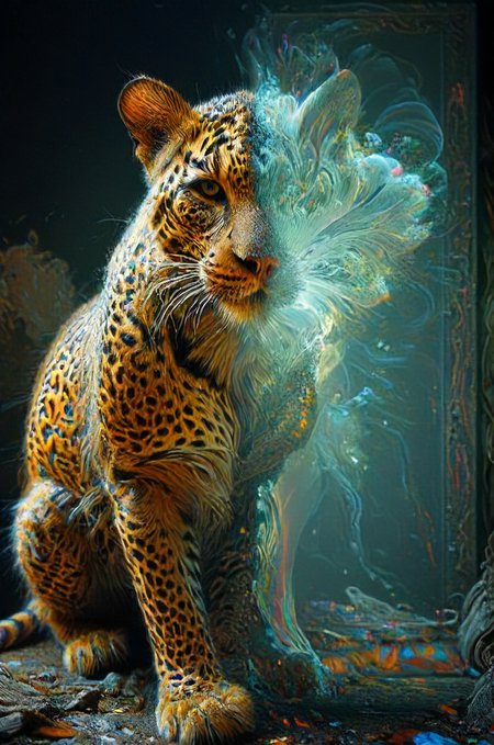 overlay of a sharp leopard in focus layered on top of a BREAK clear holographic glass mirror with a picture transparent after-image that is out-of-focus in the background, illusion of depth, motion, double exposure,  <lora:- SDXL - vanta-black_contrast_V3.0:0.4>, <lora:- SDXL - ptm-no2_style_V1.0:0.2>, <lora:- SDXL - otclillsn_impossible_geo_V1.0:0.4>, <lora:MHXL_Tri_Diffusion:0.7>, <lora:- SDXL - lentclr_effect_V1.0:0.5>, <lora:cyberui_sdxl:0.7>, <lora:ghost_in_the_mirror:0.8>, <lora:xray:0.8>, <lora:Double Exposure XL:0.8>, <lora:DonM50und0fMu51cXL:0.8>, <lora:- SDXL - n-eeyblch_eye_bleach_V1.0:-.5>, <lora:artfullyTREELUSION_SDXL_V1:0.8>, <lora:tbh157-sdxl:0.4>