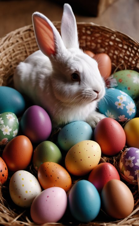 basket full of ornately decorated easter eggs,bunny rabbit,vivid contrast,vivid colors, Hyperrealistic art cinematic film still photography in the style of detailed hyperrealism photoshoot