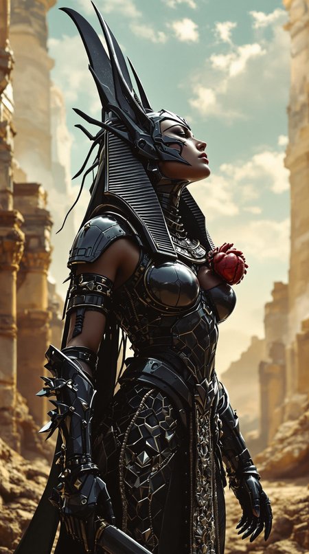 high quality photorealistic image of an beautiful, sassy ancient, beautiful Space Egyptian Female Warrior, very detailed armor, Anubis Headpiece made of glossy black metal, Sacrificial Dagger in her right hand. An anatomically correct human heart in her left hand. Her head is bent back at an extreme angle, glancing up at the sky. seen standing full height, head to toe. geometry, vector, symmetry ,ruins, runic, tribal, realism, ray tracing, 64k, UHD, dystopian background