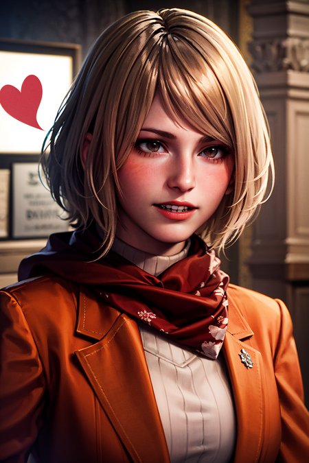 1girl, portrait of shot of re4ashley, grin, teeth, blush, spoken heart, orange jacket, scarf, athletic, dark old room, volumetric lighting, best quality, masterpiece, intricate details, tonemapping, sharp focus, hyper detailed, trending on Artstation, realistic, <lora:sxz-ashley-graham:0.6>