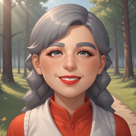 score_9, score_8, BREAK, solo, mii, wii u, gray hair, female mii, 1girl, old woman, wii sports club, gray eyebrows, gray eyes, big nose, blush, facial features, red lips, lipstick, smile, teeth, (red clothing), white pants, flip flops, Joana_(\Wii_Sports_Club\), cute, medium breasts, Nintendo Mii, modern_mii, classic_mii, sexy pose, smile, outdoors, sunlight, shadows, evening lighting, natural lighting, forest, trees, grass, orange sky, sunset