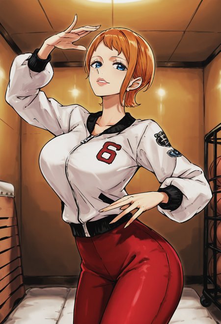 score_9, score_8_up, score_7_up, source_anime, 1girl, large_breasts, mature_female, solo, looking_at_viewer, open_eyes, Dancing in a flamenco pose, panorama, Alice blue Bomber Jacket, very short hair, mohican, Ginger hair, gym storeroom, cropped_arms, rating_safe, <lora:Illustrous\shellmaru:0.9>