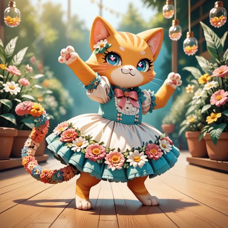 score_9, score_8_up, score_8, source_furry,
slimes_flowerwm,
1girl, solo, (cat:1.05), cute, heart pupils, smug, tail, standing, dancing,
blurry background, dress made of flowers,
sunny meadow background, 
pikaole