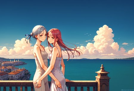 score_9, score_8_up, score_7_up, masterpiece, best quality, very aesthetic, absurdres, 
<lora:Amano_Kozue_å¤©éããã_Style_Pony-000010:1> (amano_kozue:1.2), aria \(manga\), 
2girls, yuri, holding hands, clear eyes, gentle smile, skinny, body_slim, looking at viewer, 
scenery, blue sky, cloud, ocean, venice,