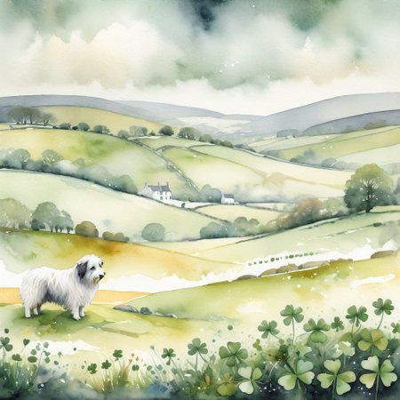 Irish landscape, Celtic style, fluffy sheepdog, oversized shamrocks,  rolling hills, swirling mist, ancient stone circle, intricate details, muted color palette, watercolor texture