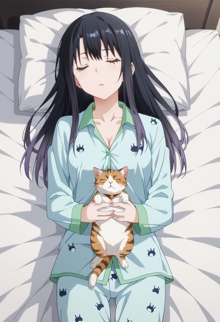 score_9, score_8_up, score_7_up, score_6_up, score_5_up, score_4_up, detailed eyes, (detailed skin:1.8), source_anime, masterpeice, best quality, very aesthetic, absurdres, best lighting, cg coloring, soft lighting, soft shading, BREAK,1girl, Yotsuya_Miko, yellow_eyes, black_hair, long_hair, gradient_hair, medium_breasts,
BREAK, yellow_eyes, black_hair, long_hair, gradient_hair, medium_breasts, BREAK, pajama, pajamas, pajama pants, BREAK, bed, in bed, BREAK, sleeping, eyes closed, peacefully, cat, cuddling with cat, BREAK,