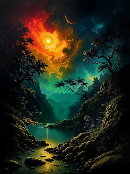 famous artwork, masterwork classical oil painting on canvas, traditional media, a dense alien jungle valley under a dark, colorful night sky with stars, thick layers of dark foliage and twisted, looming trees crowding the scene, tangled canopies and creeping vines framing the view, a serene reflective river weaving through the vegetation, strange distant hills barely visible through the mist, a seething vortex in the sky - fiery and luminous, radiating yellow, crimson, blue, and green spirals, casting unnatural light, a crescent moon hangs suspended above. diminished rocky foreground with smoother riverbank stones partially submerged or overgrown, faint light glimmering on the wet surface, jungle growth spilling toward the waterâs edge, moss-covered roots and fern-like plants crowding the lower frame. no visible life forms, only the sense of an ancient presence and eldritch forces in the brooding atmosphere. centered wide-angle composition, medium shot perspective, slightly elevated camera angle. muted ambient light layered with a supernatural glow from the sky anomaly, saturated color transitions in the clouds and mist, diffused lighting casting soft reflections on the water, shadowy depth in the undergrowth and background trees. painted with traditional oils on canvas, rich layered pigment and expressive brush strokes, channeling romanticism and cosmic dread through a surreal natural environment, harmonizing colors, lemon yellow and sea green and navy blue and scarlet, ovg, style of rembrandt, vantablack, <lora:style-rembrandt-flux-by_tangbohu:0.64> <lora:vantablack-v2-flux-by_tijuanaslumlord:0.8>