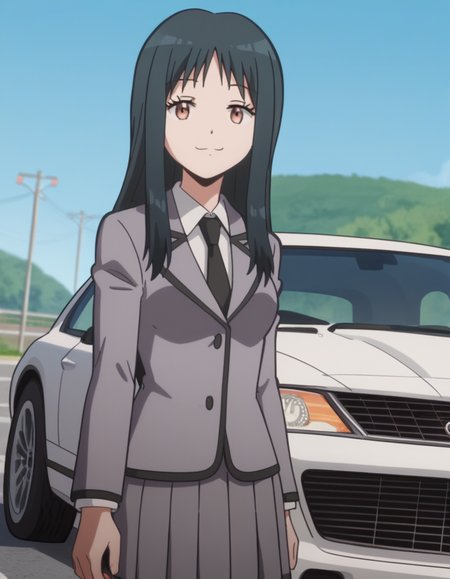 score_9, score_8_up, score_7_up, source_anime, <lora:yukiko-kanzaki-s1s2-ponyxl-lora-nochekaiser:1>, yukiko kanzaki, long hair, bangs, black hair, brown eyes, medium breasts, anime screencap,, blazer, grey blazer, skirt, school uniform, pleated skirt, necktie, grey skirt, black necktie, white shirt, collared shirt, long sleeves,, parking lot, cars, asphalt, spaces, open, , smug, looking at viewer, solo,, dutch angle, cowboy shot