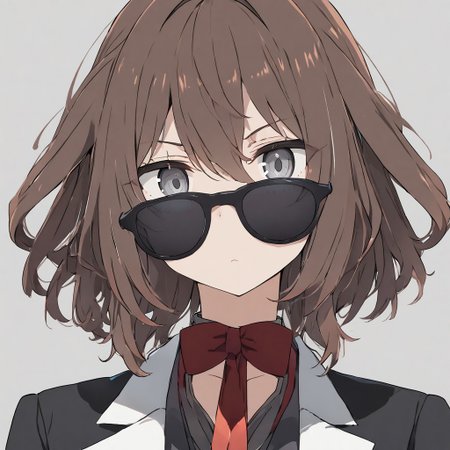 masterpiece, best_quality, 1girl, solo, <lora:k'ra v6.0 XL:0.8>, k'ra, grey eyes, brown hair, suit, bowtie, sunglasses in hair, score_9, score_7_up, source_anime, ntm,