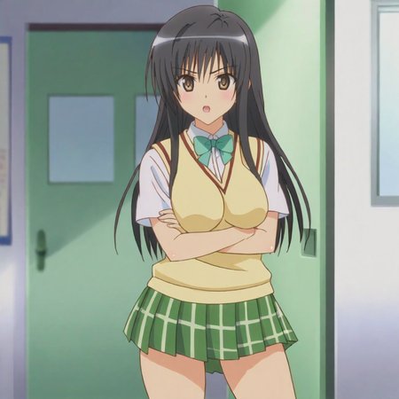 <lora:YuiToLoveRu_pony_v1:.8>  Yui, 1girl, school uniform, black hair, skirt, long hair, brown eyes, sweater vest, cowboy shot