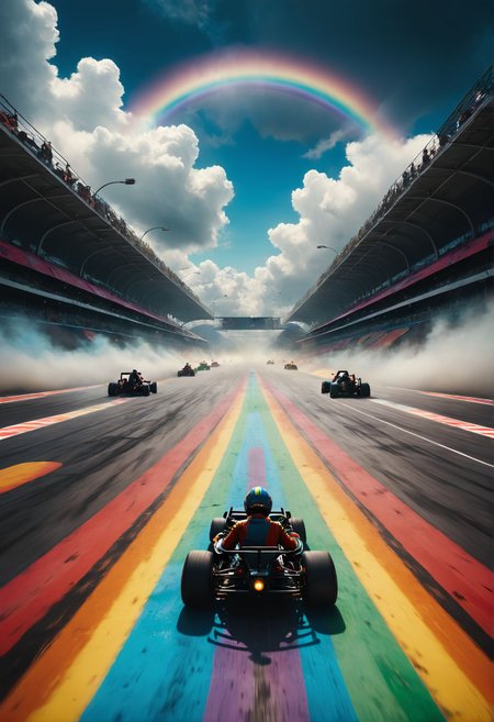 Adventurers race go-karts through a rainbow-colored racetrack suspended in the clouds. 
extremely detailed,
many details, extreme detailed, full of details,
Wide range of colors., Dramatic,Dynamic,Cinematic,Sharp details
 Insane quality. Insane resolution. Insane details. Masterpiece. 32k resolution.
 <lora:add-detail-xl:0.95> <lora:dvr-lnds-sdxl:0.3> dvr-lnds-sdxl <lora:MJ52:0.25> <lora:ral-apoctvisn-sdxl:0.3> ral-apoctvisn <lora:zavy-cntrst-sdxl:0.35> dark, chiaroscuro, low-key <lora:zavy-rmlght-sdxl:0.41> zavy-rmlght <lora:SDXLFaeTastic2400:0.225>
