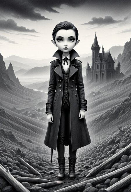 Pencil_morph_style, 
Chibi Vampire
expressive ink-drawn characters over stark black-and-white landscapes, melancholic and moody atmosphere, loose graphic novel linework meets poetic documentary photography, deep atmospheric contrast, memory and history infused into surreal realism, cinematic yet intimate storytelling